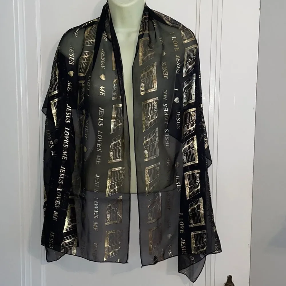 Vtg kitschy‎ black & gold polyester “Jesus Loves Me” & “I love Jesus” scarf wrap